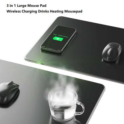 3 in 1 Large Mouse Pad 15W Qi Wireless Charging Drinks Heating Mousepad Drinks Coaster Plastic Keyboard Mat Big Gaming Mice Pad