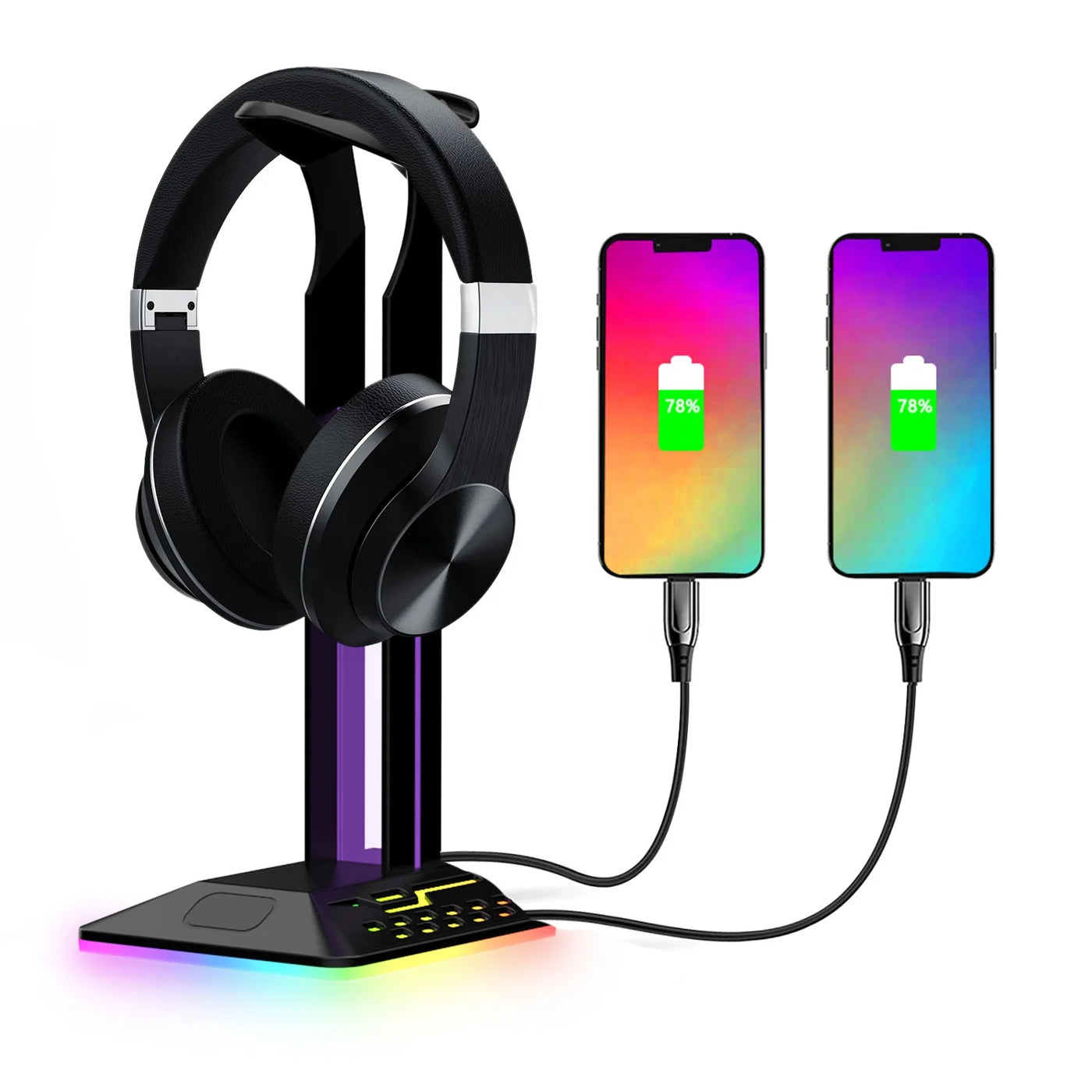 Headphone Stand RGB light with USB Hub Desk Gaming Headset Holder Hanger Rack with USB2.0 Extension Charging Port Extender Cord