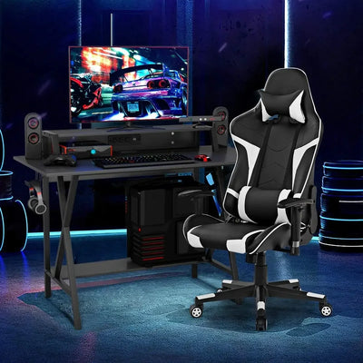 Gaming Desk and Chair Set, Ergonomic E-Sport Gamer Desk & Racing Chair Set w/Cup Holder, Monitor Stand, Earphone Hook