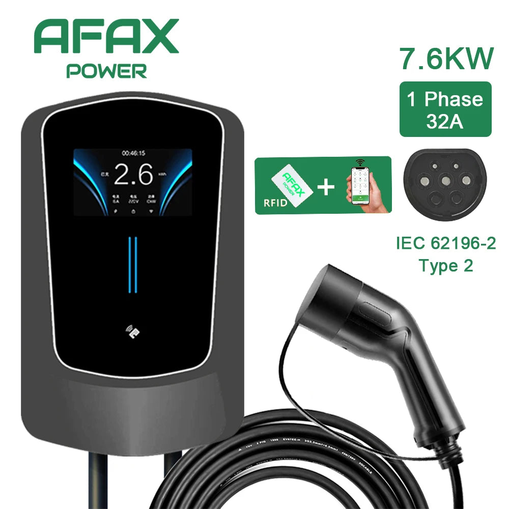 AFAX EV Charger Type2 Cable 32A EVSE Wallbox Electric Vehicle Car Charger Wallmount APP Control 7KW 11KW 22KW Charging Station