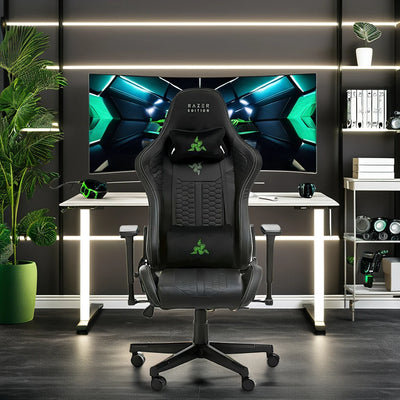 YYHCRazer Swivel Gaming Chair with Massage Feature Foldable Cooling PU Leather Iron Synthetic Leather PVC Convertible with Footr