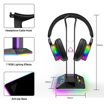 Headphone Stand RGB light with USB Hub Desk Gaming Headset Holder Hanger Rack with USB2.0 Extension Charging Port Extender Cord