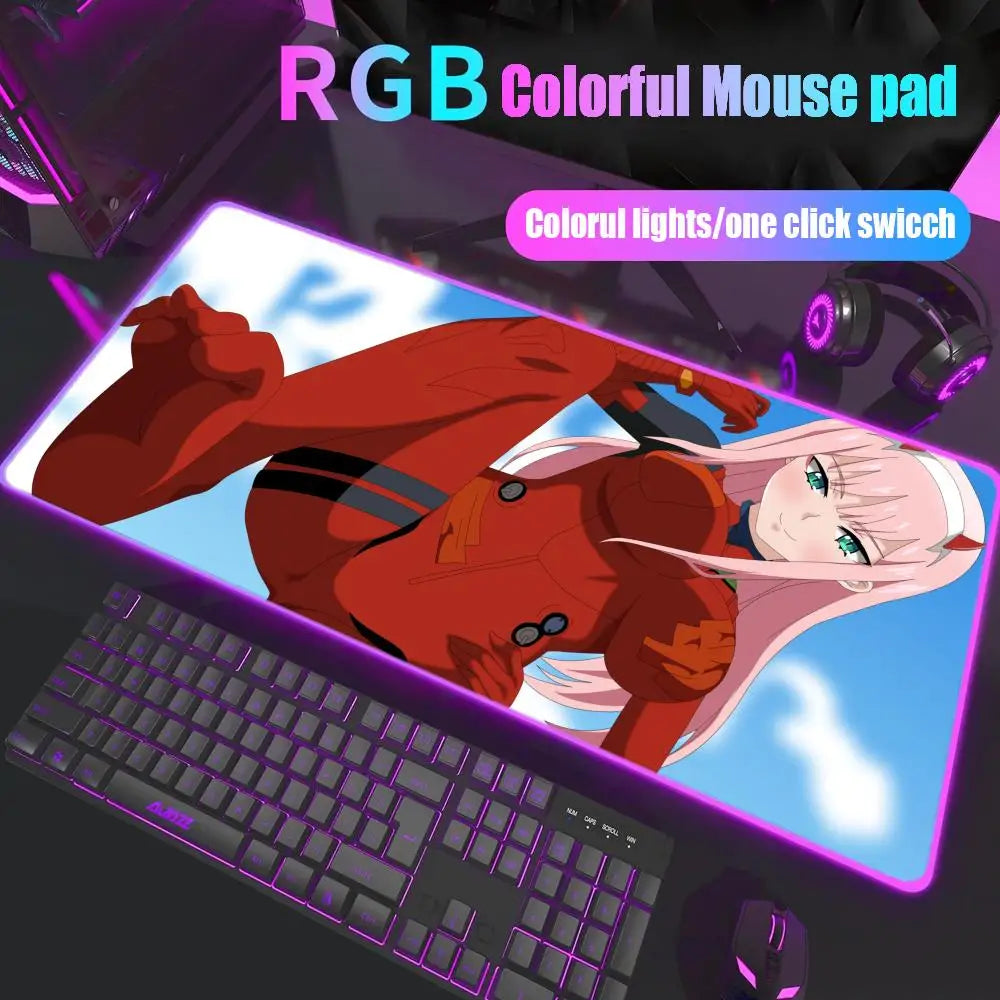 Zero Two Mouse Pad Gamer Rgb Desk Mat Back Light Led Mousepad Setup Gaming Accessories Deskmat Big Mousepepad Backlight