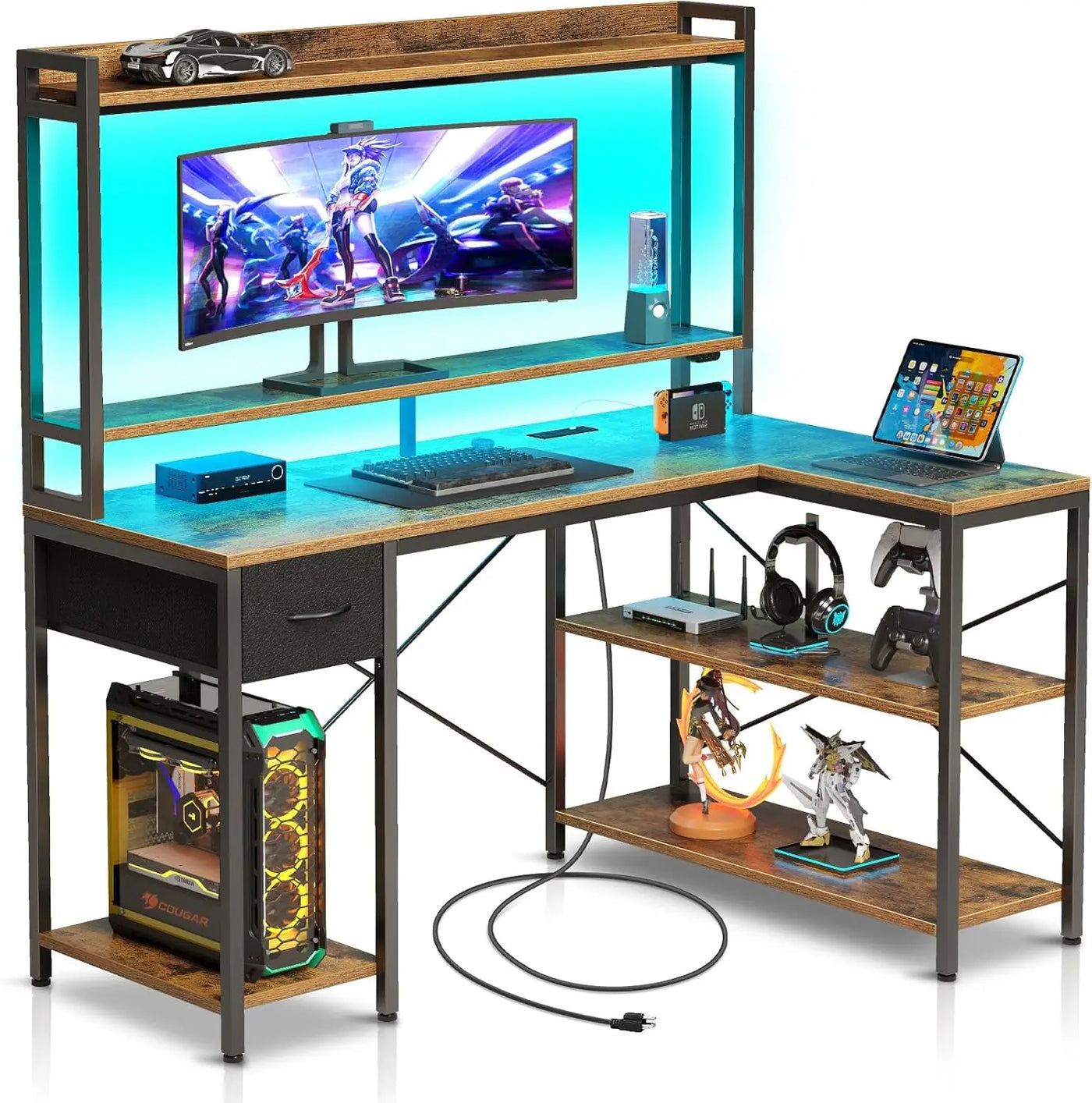 Seventable Rustic Brown Corner Gaming Desk, 47" L Shaped Computer Desk with LED Light & Shelves Monitor Stand