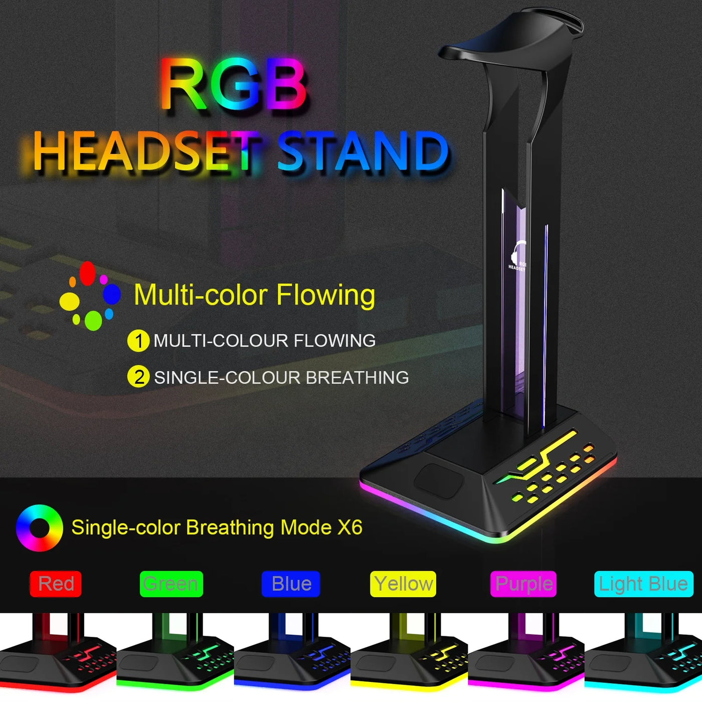 Headphone Stand RGB light with USB Hub Desk Gaming Headset Holder Hanger Rack with USB2.0 Extension Charging Port Extender Cord