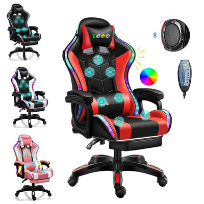 High Quality LED Colorful Lights Silla Gamer Full Massage Pro Gamer Chair Bluetooth Speakers Gaming Chair with Footrest