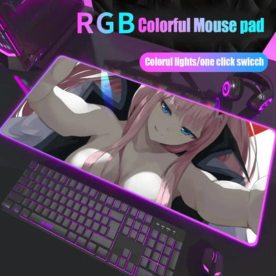 Zero Two Mouse Pad Gamer Rgb Desk Mat Back Light Led Mousepad Setup Gaming Accessories Deskmat Big Mousepepad Backlight