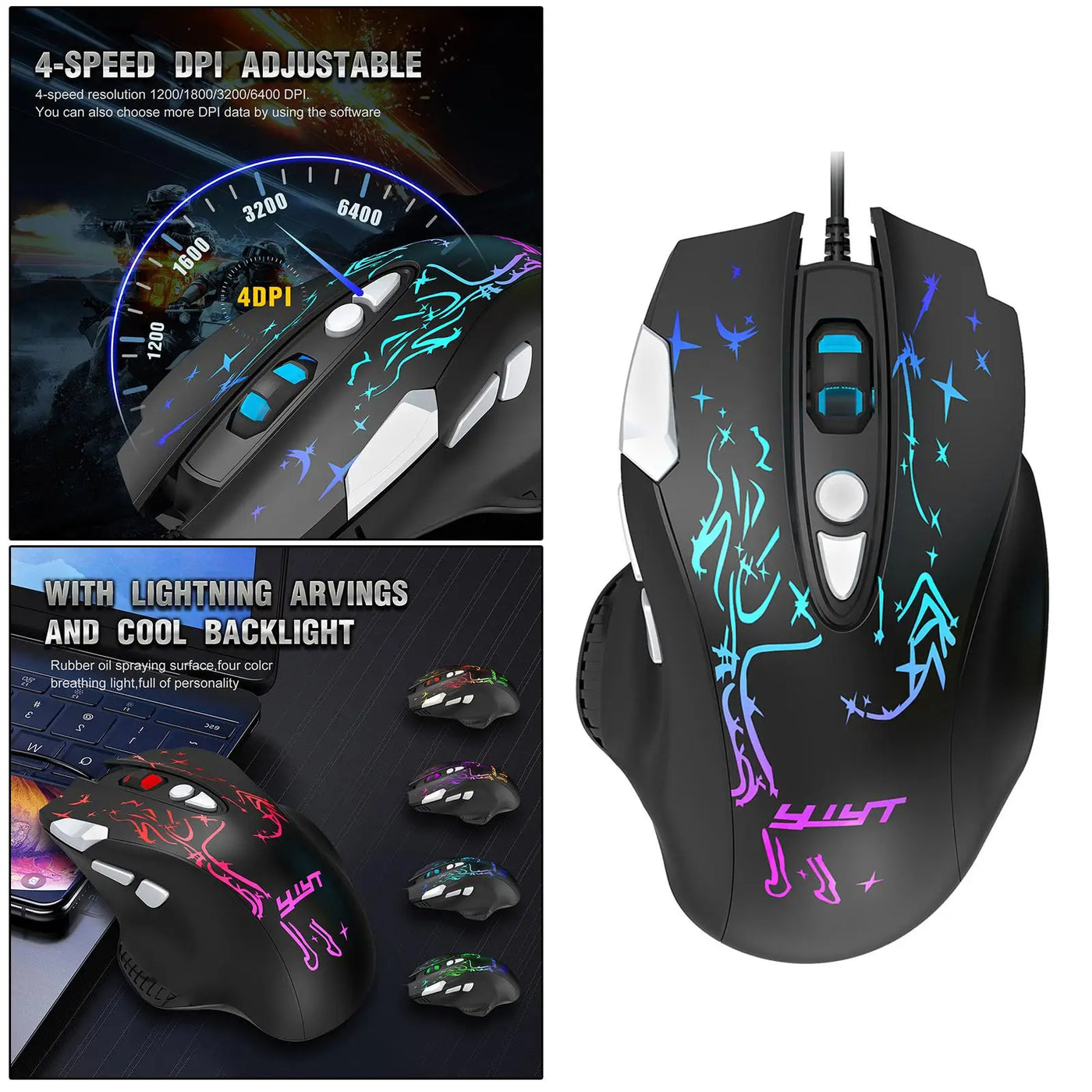 PC RGB Wired Gaming Mouse 6400 DPI Gamer Mice for Home Office Comfortable