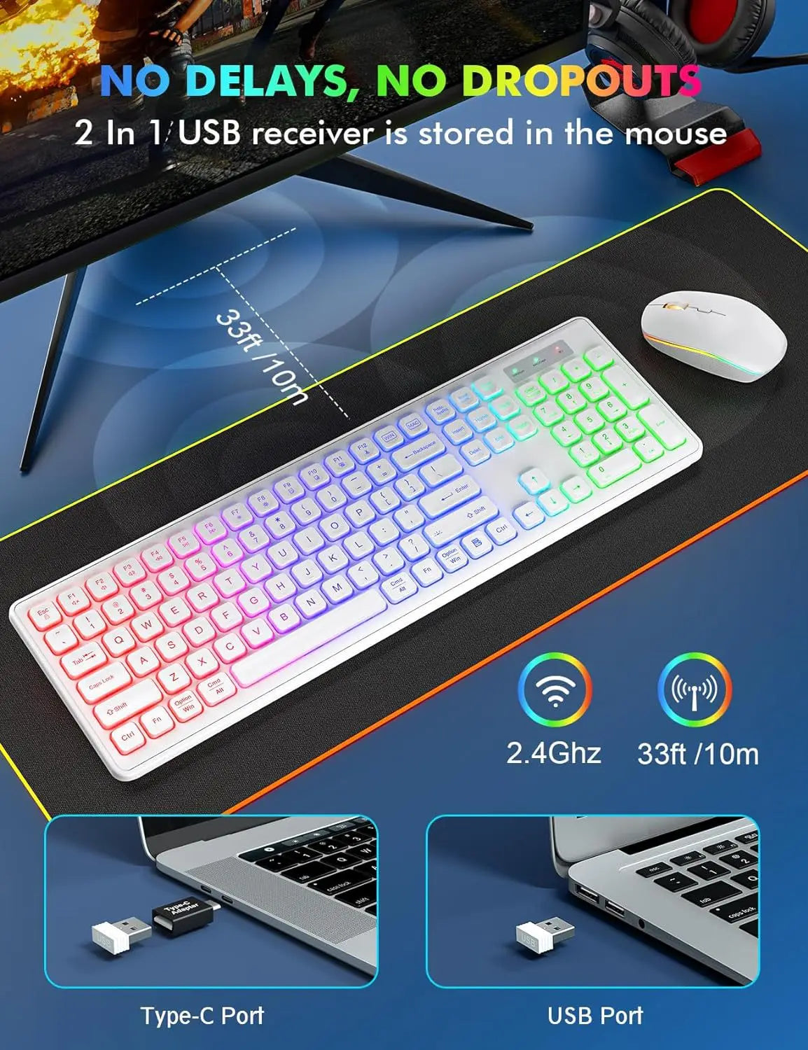 Arvin 2.4G Wireless Keyboard and Mouse Combo Computer Mice and key board Set RGB Light PC Gaming Keyboard and mouse for Laptop