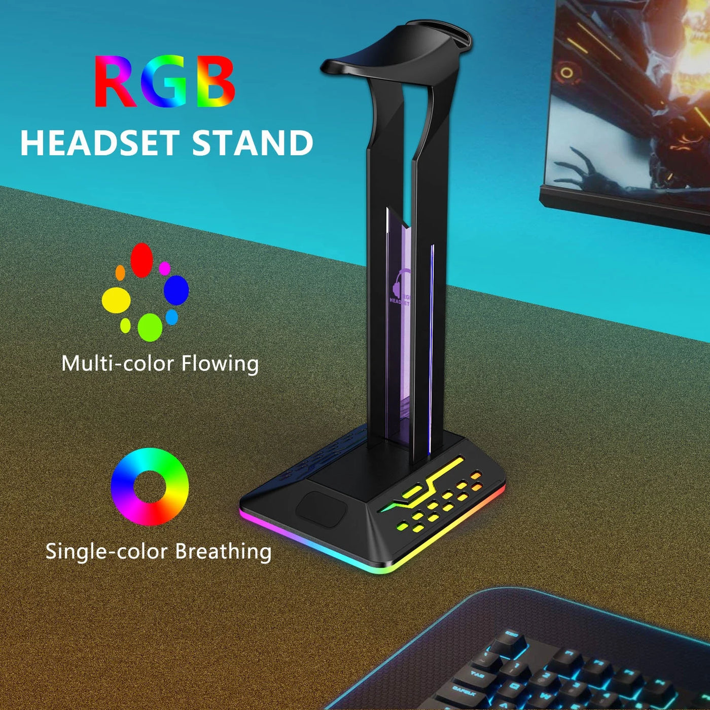 Headphone Stand RGB light with USB Hub Desk Gaming Headset Holder Hanger Rack with USB2.0 Extension Charging Port Extender Cord