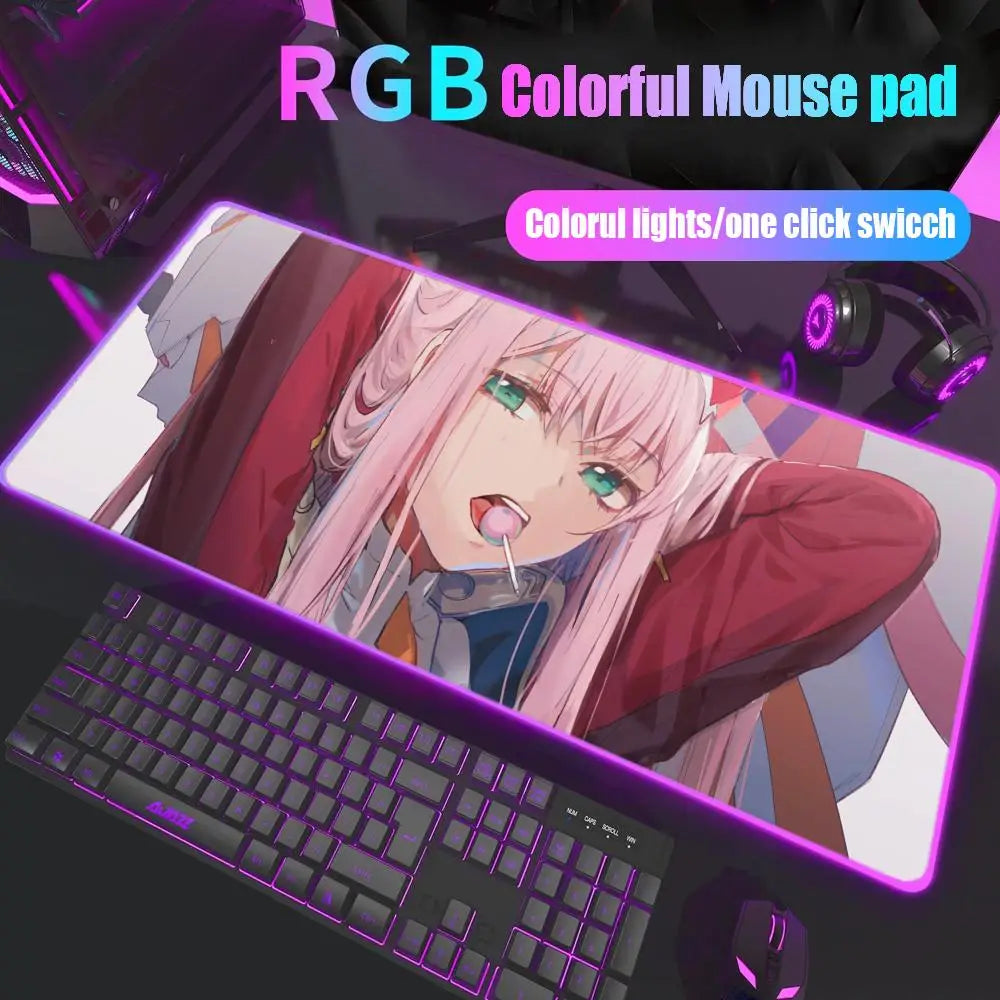 Zero Two Mouse Pad Gamer Rgb Desk Mat Back Light Led Mousepad Setup Gaming Accessories Deskmat Big Mousepepad Backlight