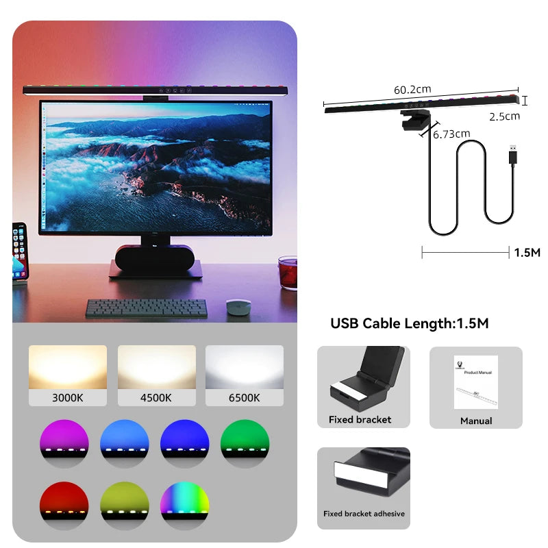 60CM Desk Light Bar Monitor RGB Music Rhythm Ambient Lamps Screen Hanging Lighting for Gaming Work Dimming Monitor Lights Bar