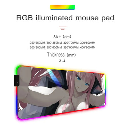 Zero Two Mouse Pad Gamer Rgb Desk Mat Back Light Led Mousepad Setup Gaming Accessories Deskmat Big Mousepepad Backlight