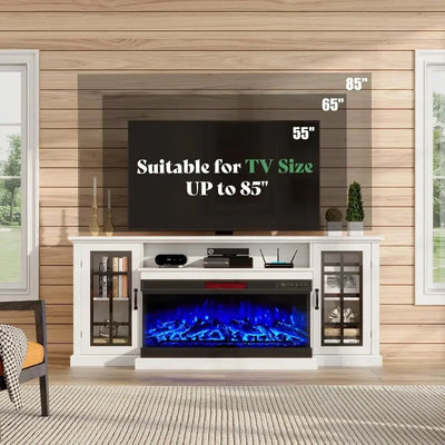 AMERLIFE 75in 3-Sided Glass Fireplace TV Stand for TVs up to 85", Rustic Media Entertainment Center Console Table