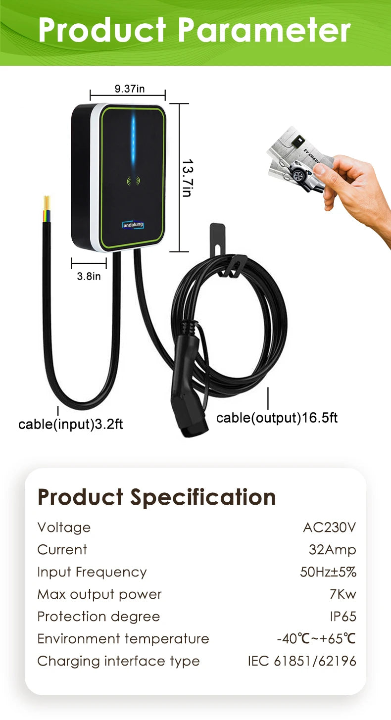 Andalung EV Charging Station 7Kw 1P With APP Wifi Control  32A Type2 GBT Electric Vehicle Car Charger EVSE Wallbox Wall Mount