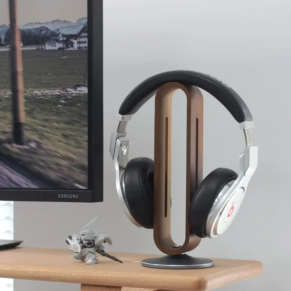 Bamboo Wood Earphone Bracket Desktop Universal Gaming Headphone Stand Portable Foldable Headset Holder with Aluminum Metal Base