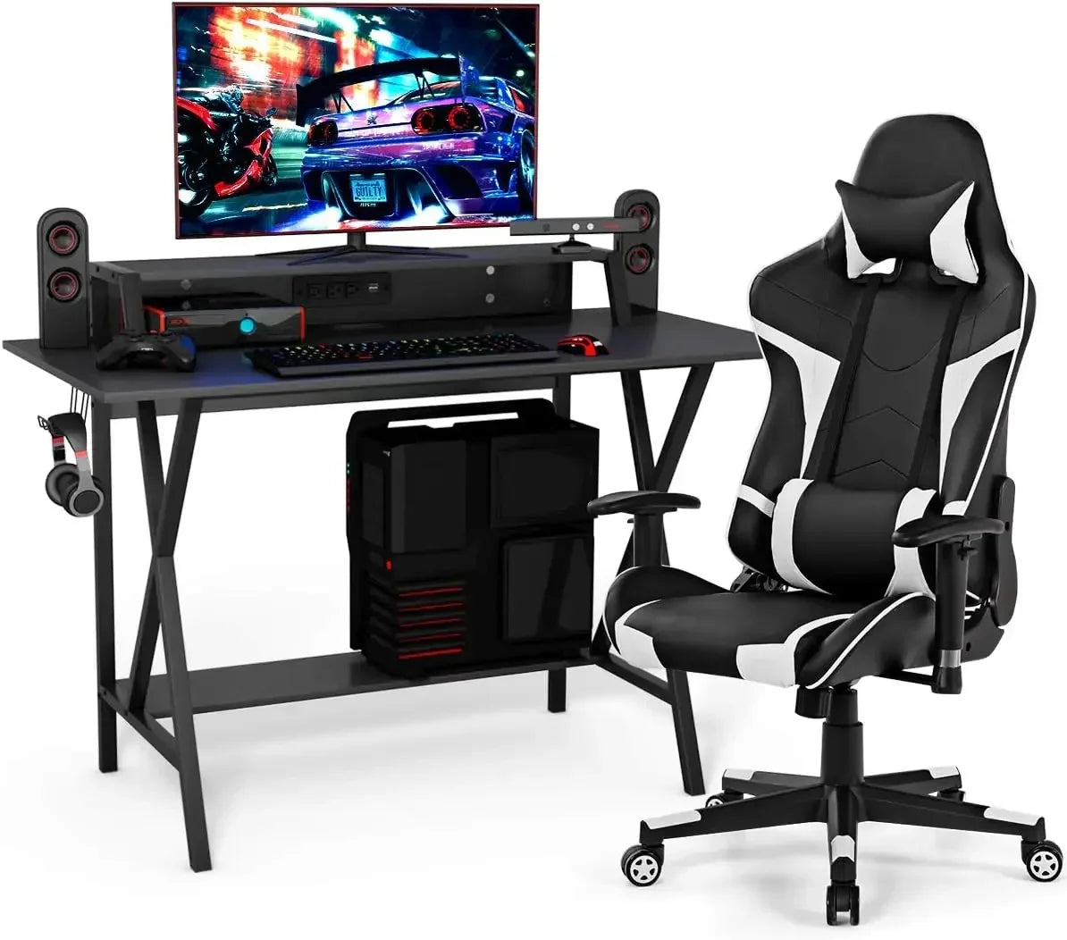 Gaming Desk and Chair Set, Ergonomic E-Sport Gamer Desk & Racing Chair Set w/Cup Holder, Monitor Stand, Earphone Hook