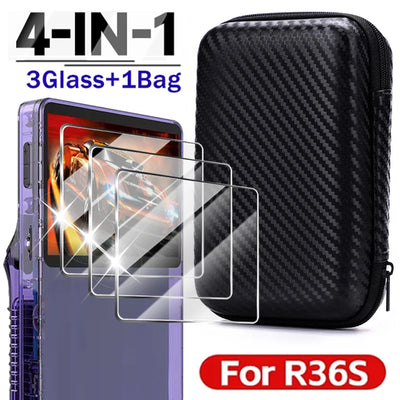 4 IN 1 Case+Glass for R36S Game Console Travel Carrying Storage Bag & Screen Protectors Tempered Glass Film for R36S Accessories