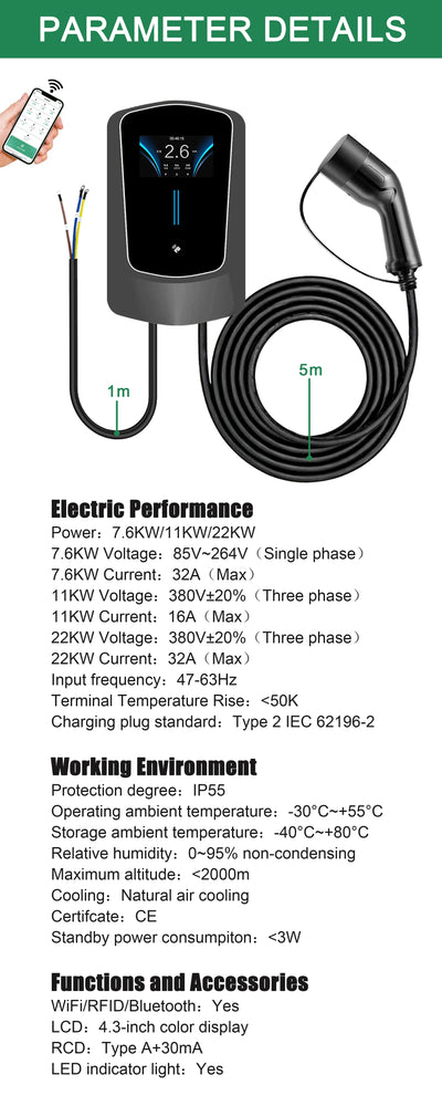 AFAX EV Charger Type2 Cable 32A EVSE Wallbox Electric Vehicle Car Charger Wallmount APP Control 7KW 11KW 22KW Charging Station