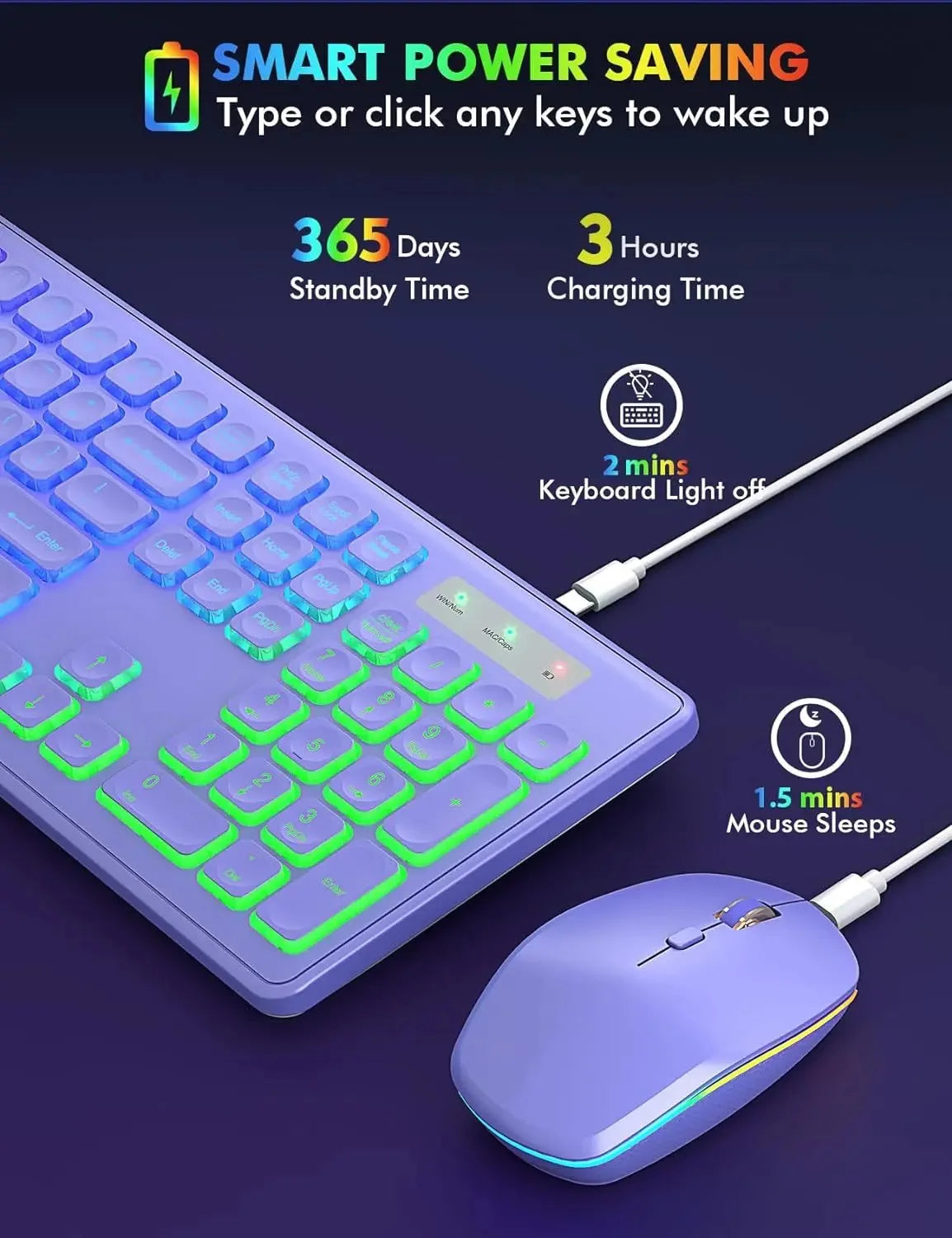 Arvin 2.4G Wireless Keyboard and Mouse Combo Computer Mice and key board Set RGB Light PC Gaming Keyboard and mouse for Laptop