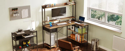 Seventable Rustic Brown Corner Gaming Desk, 47" L Shaped Computer Desk with LED Light & Shelves Monitor Stand