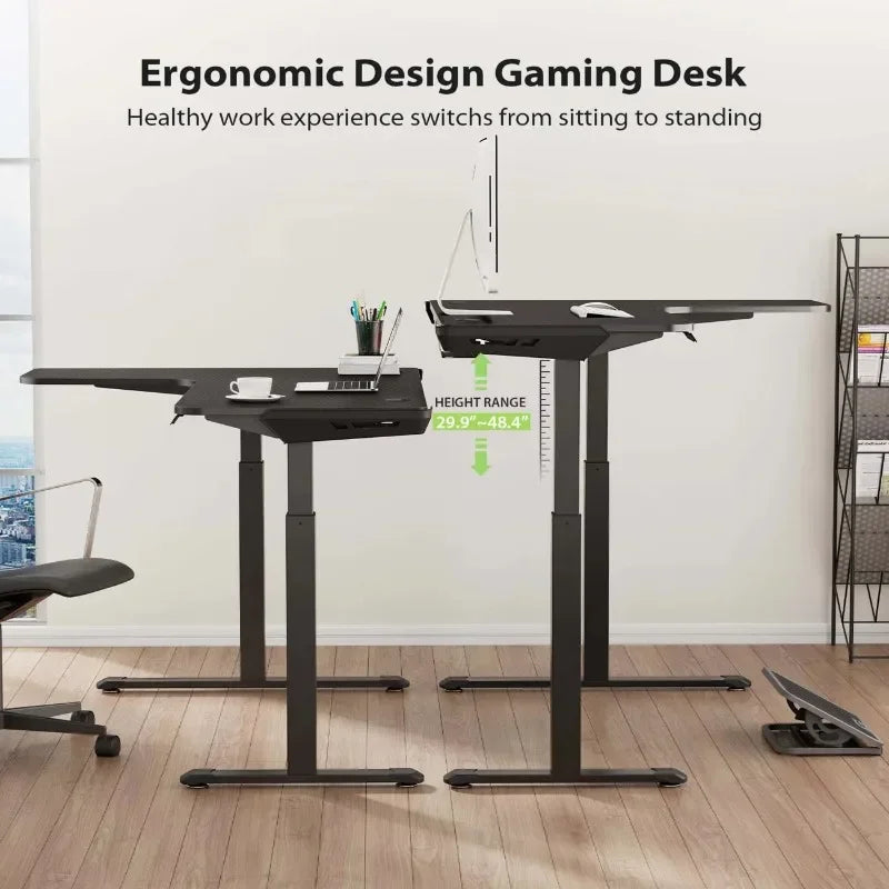 Height Adjustable Home Office Corner Work Gaming Computer Table Large Black Modern Workstation L Shaped Standing Desk