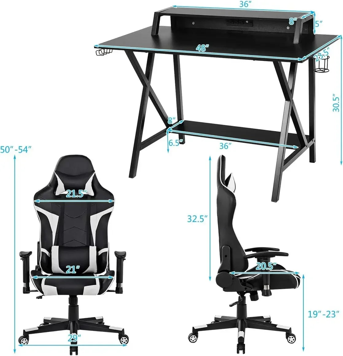 Gaming Desk and Chair Set, Ergonomic E-Sport Gamer Desk & Racing Chair Set w/Cup Holder, Monitor Stand, Earphone Hook