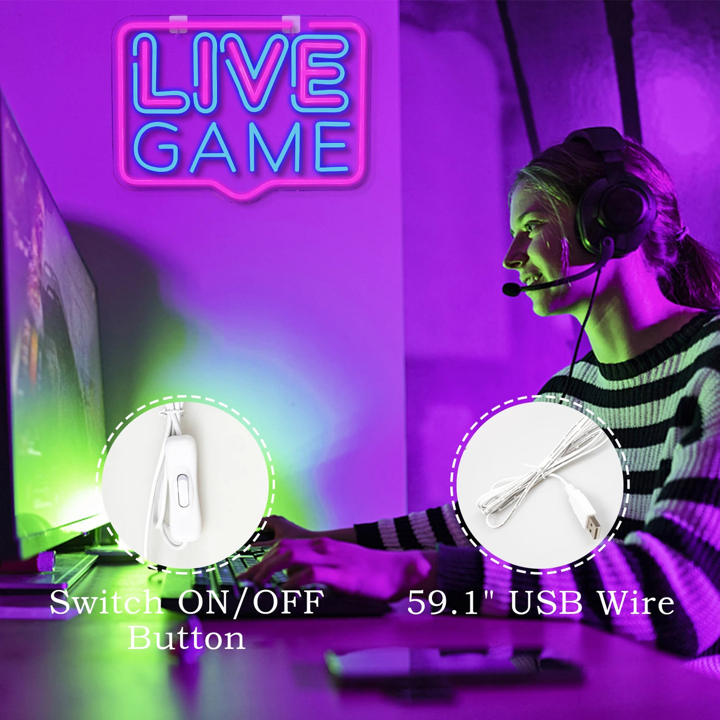 Live Game Neon Sign Pink Blue Led Neon Lights USB Light Up Signs for Game Room Club Party Live Gamers Teens Gift Wall Decor Neon