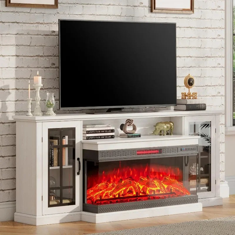 AMERLIFE 75in 3-Sided Glass Fireplace TV Stand for TVs up to 85", Rustic Media Entertainment Center Console Table