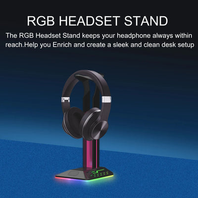 Headphone Stand RGB light with USB Hub Desk Gaming Headset Holder Hanger Rack with USB2.0 Extension Charging Port Extender Cord