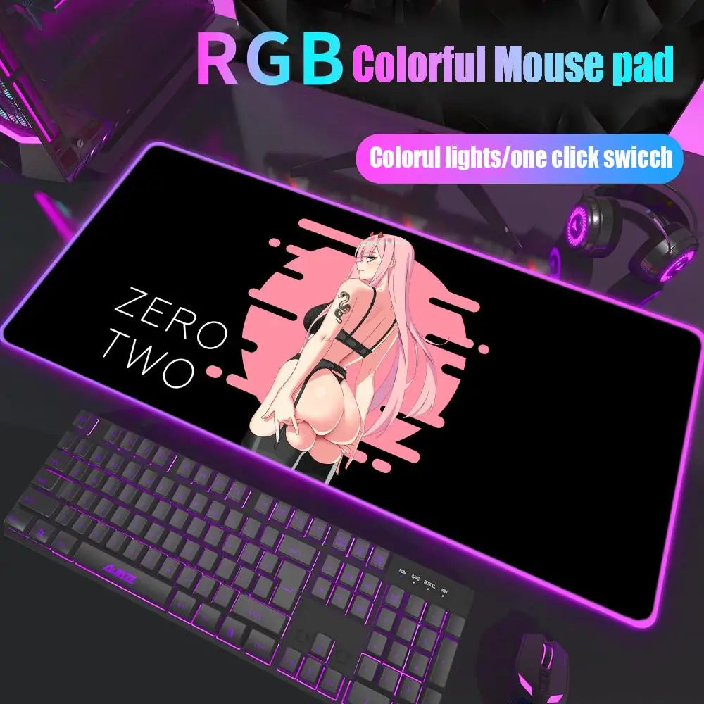 Zero Two Mouse Pad Gamer Rgb Desk Mat Back Light Led Mousepad Setup Gaming Accessories Deskmat Big Mousepepad Backlight