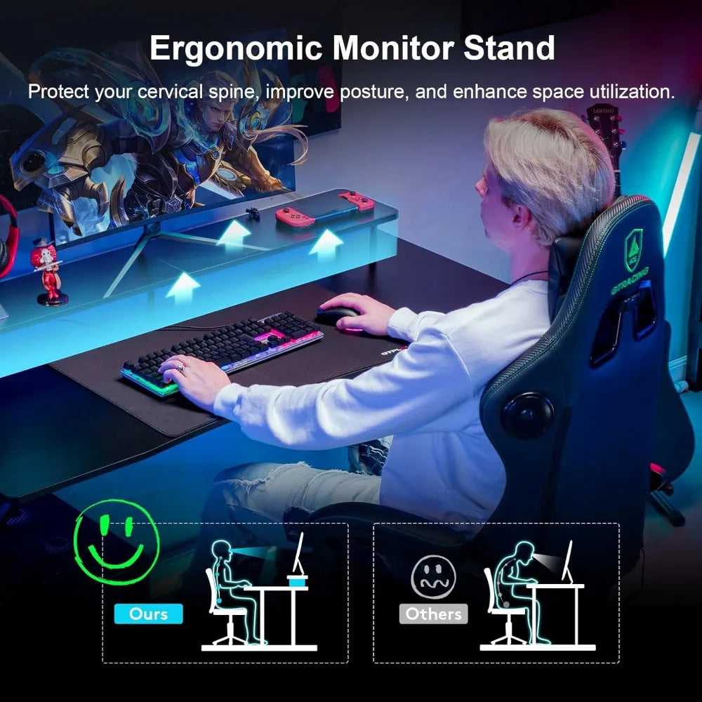 55 Inch Gaming Desk, Computer Gamer Desk with Monitor Stand, Ergonomic Carbon Fiber Surface Gaming Table with Power Outlet