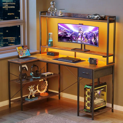 Seventable Rustic Brown Corner Gaming Desk, 47" L Shaped Computer Desk with LED Light & Shelves Monitor Stand