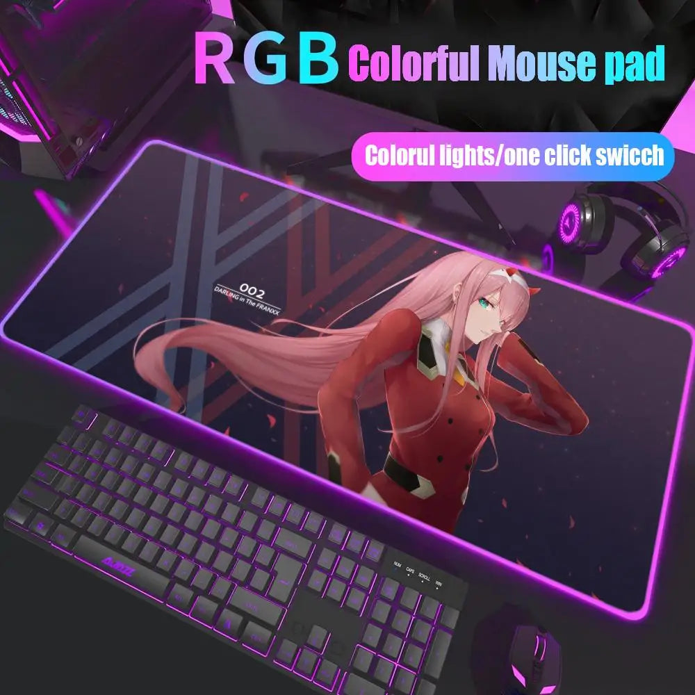 Zero Two Mouse Pad Gamer Rgb Desk Mat Back Light Led Mousepad Setup Gaming Accessories Deskmat Big Mousepepad Backlight