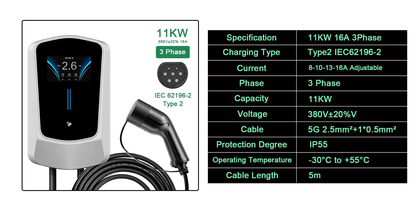 AFAX EV Charger Type 2 IEC62196-2 APP Wifi Control 21KW 3 Phase Electric Vehicle Car Charging Station EVSE Wall Box with Cable