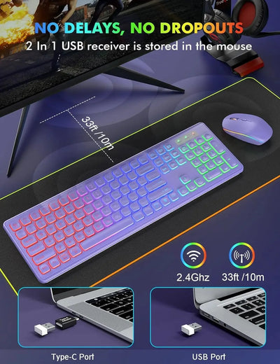 Arvin 2.4G Wireless Keyboard and Mouse Combo Computer Mice and key board Set RGB Light PC Gaming Keyboard and mouse for Laptop