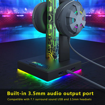 RGB Gaming Headphone Stand Dual USB Port 3.5mm Audio Port 10 Lighting Effects Desktop Gaming Headset Holder Hanger for Gamer PC