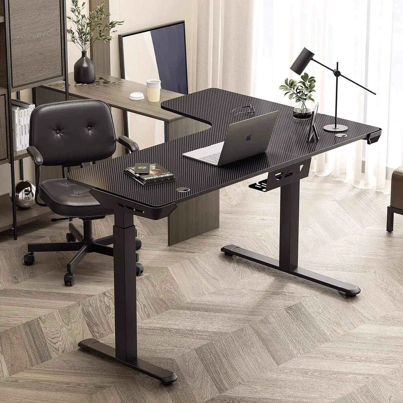 Height Adjustable Home Office Corner Work Gaming Computer Table Large Black Modern Workstation L Shaped Standing Desk