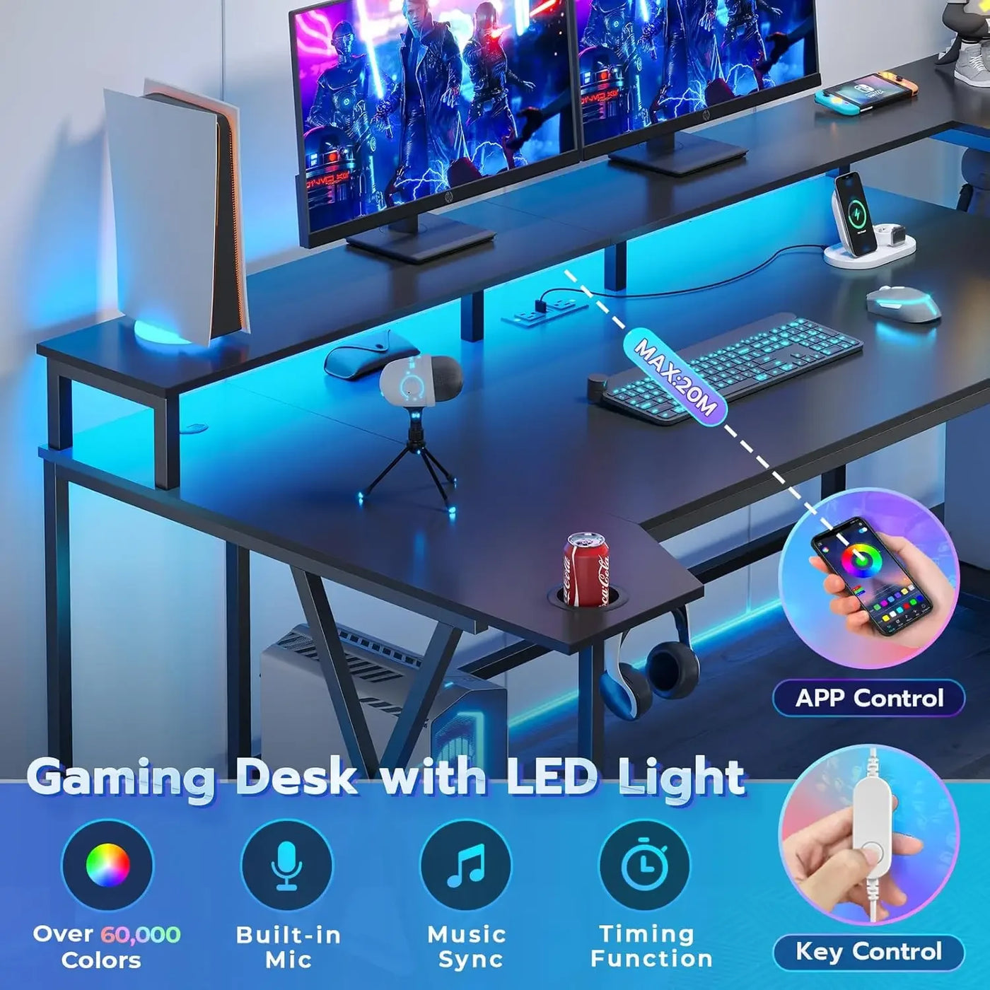 Gaming Desk 70.8'' with LED Lights and Storage Shelves, Computer Desk with Monitor Stand, Power Outlets and Cup Holder, Large PC