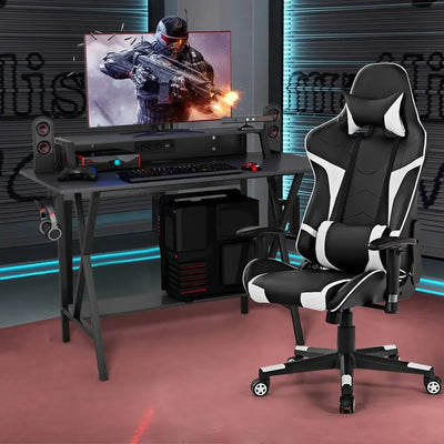 Gaming Desk and Chair Set, Ergonomic E-Sport Gamer Desk & Racing Chair Set w/Cup Holder, Monitor Stand, Earphone Hook