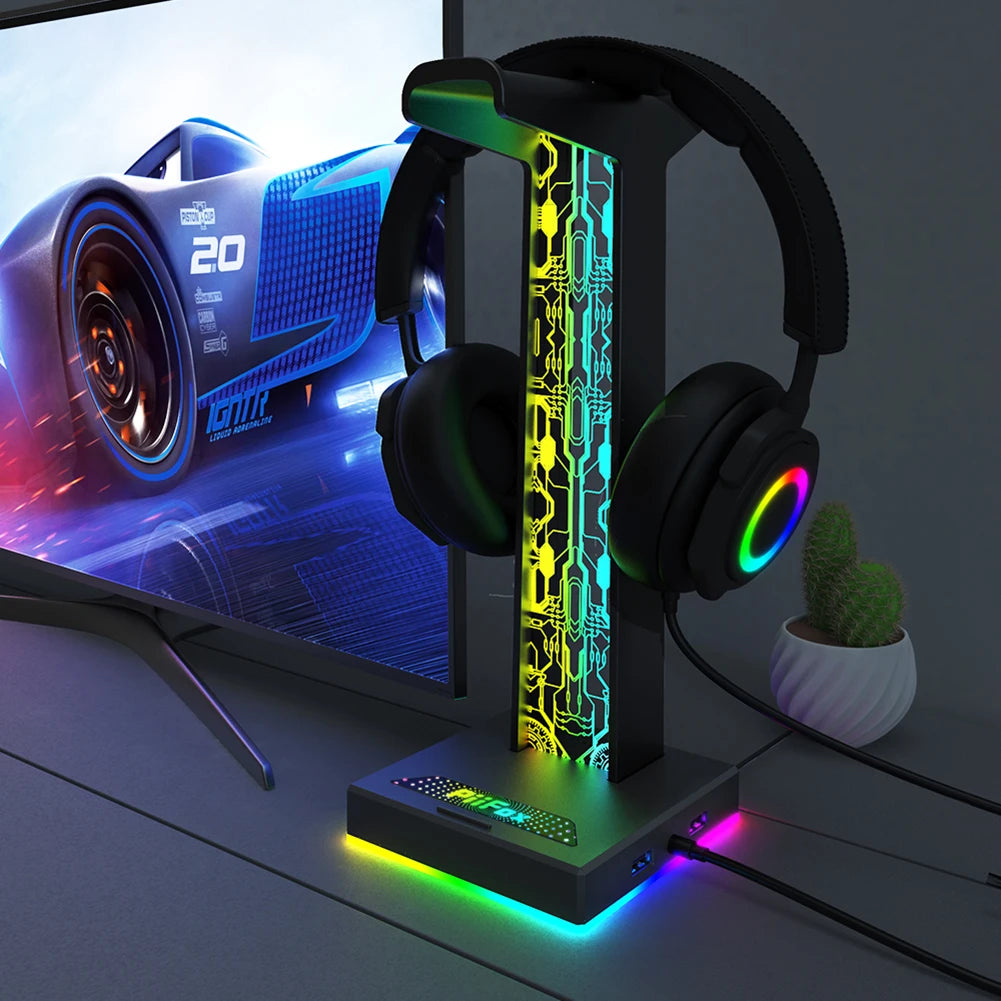 RGB Gaming Headphone Stand Dual USB Port 3.5mm Audio Port 10 Lighting Effects Desktop Gaming Headset Holder Hanger for Gamer PC