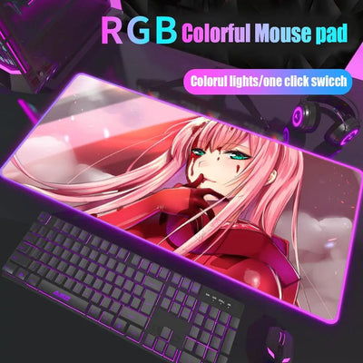 Zero Two Mouse Pad Gamer Rgb Desk Mat Back Light Led Mousepad Setup Gaming Accessories Deskmat Big Mousepepad Backlight