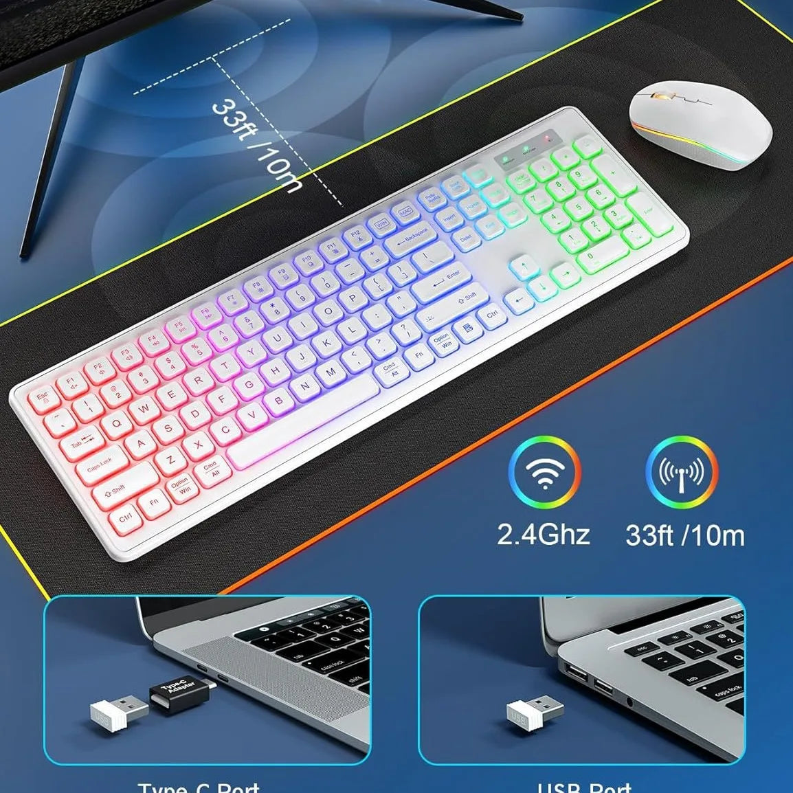 Arvin 2.4G Wireless Keyboard and Mouse Combo Computer Mice and key board Set RGB Light PC Gaming Keyboard and mouse for Laptop