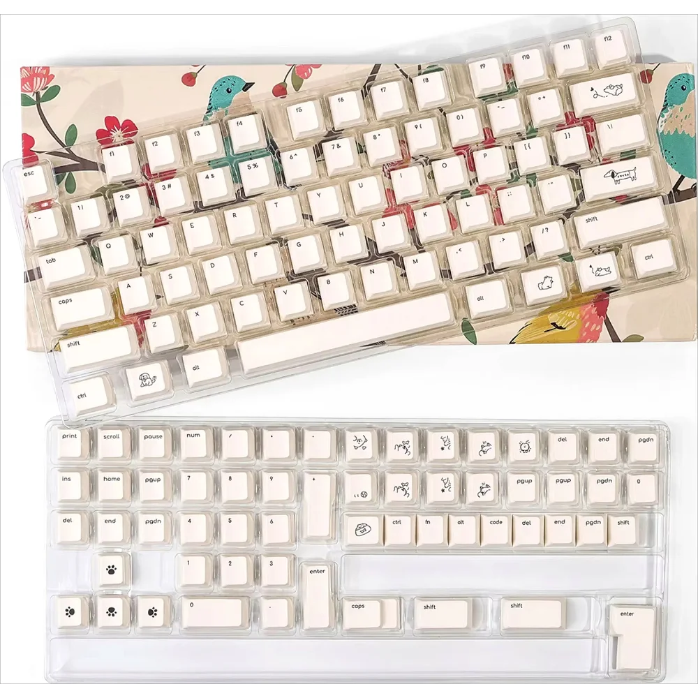 Cute Puppy Cherry Keycap Set PBT 133 Keys Small Letters Pure White for 61/75/87/104/108Keys GMK67 Gaming Mechanical Keyboards