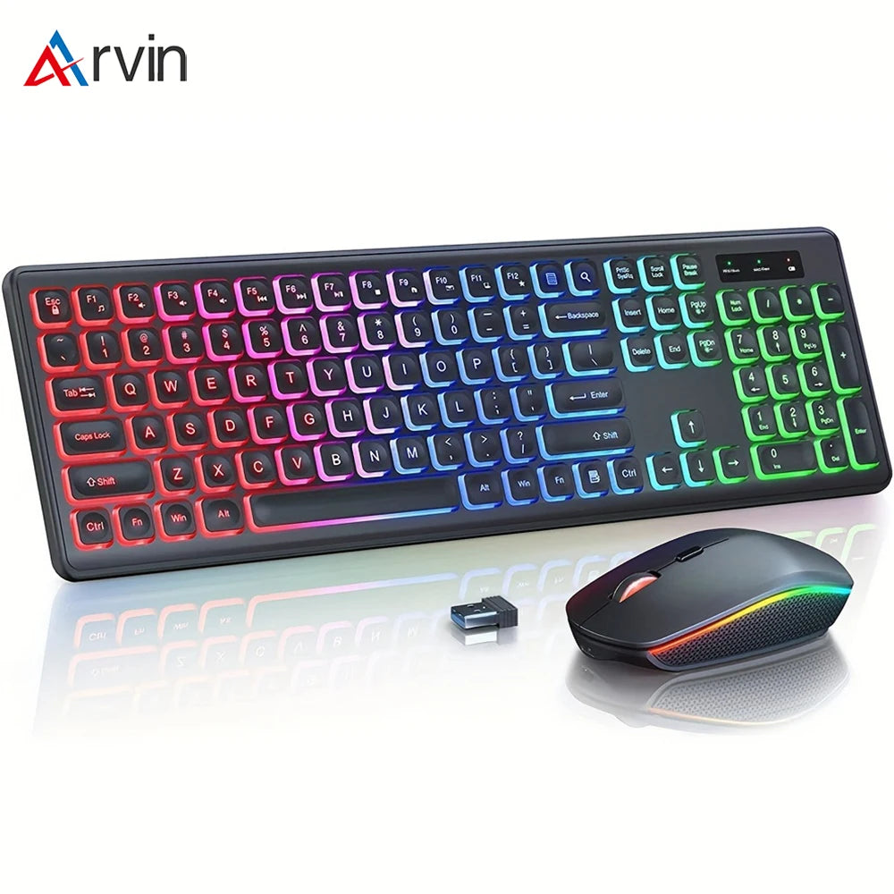 Arvin 2.4G Wireless Keyboard and Mouse Combo Computer Mice and key board Set RGB Light PC Gaming Keyboard and mouse for Laptop