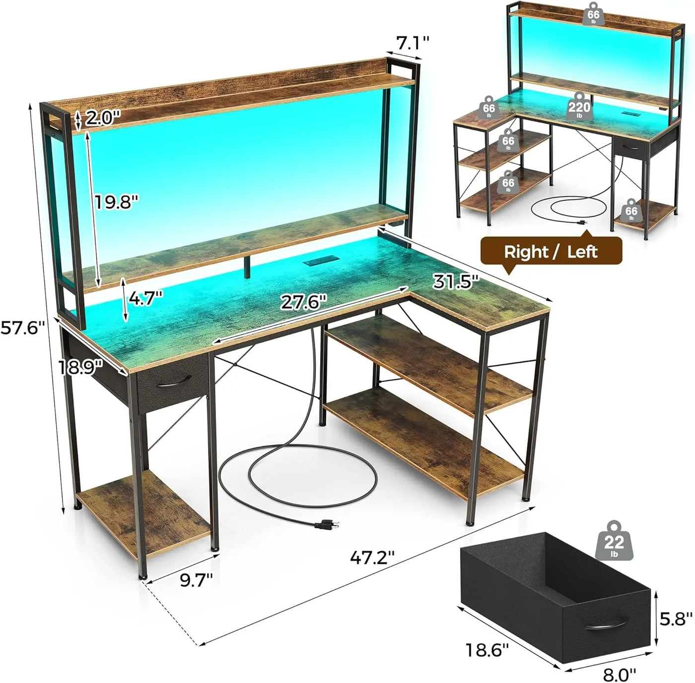 Seventable Rustic Brown Corner Gaming Desk, 47" L Shaped Computer Desk with LED Light & Shelves Monitor Stand