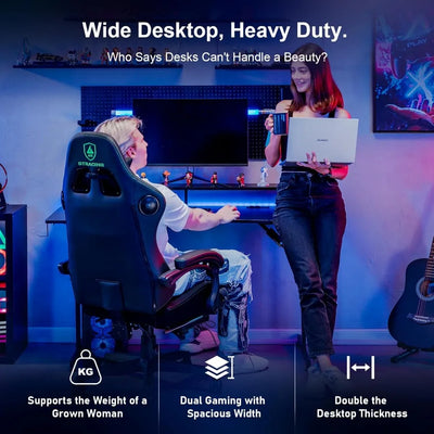 55 Inch Gaming Desk, Computer Gamer Desk with Monitor Stand, Ergonomic Carbon Fiber Surface Gaming Table with Power Outlet