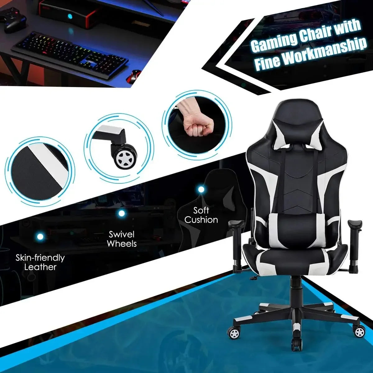 Gaming Desk and Chair Set, Ergonomic E-Sport Gamer Desk & Racing Chair Set w/Cup Holder, Monitor Stand, Earphone Hook