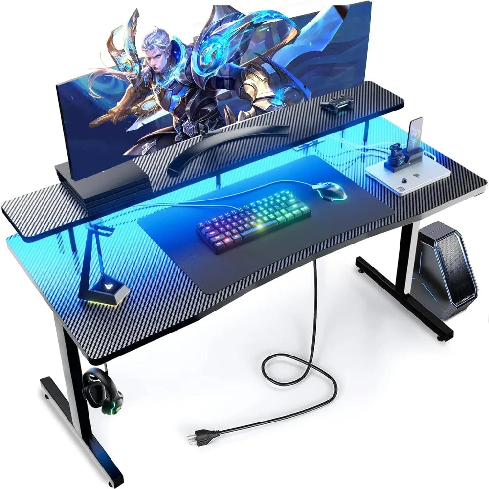 55 Inch Gaming Desk, Computer Gamer Desk with Monitor Stand, Ergonomic Carbon Fiber Surface Gaming Table with Power Outlet