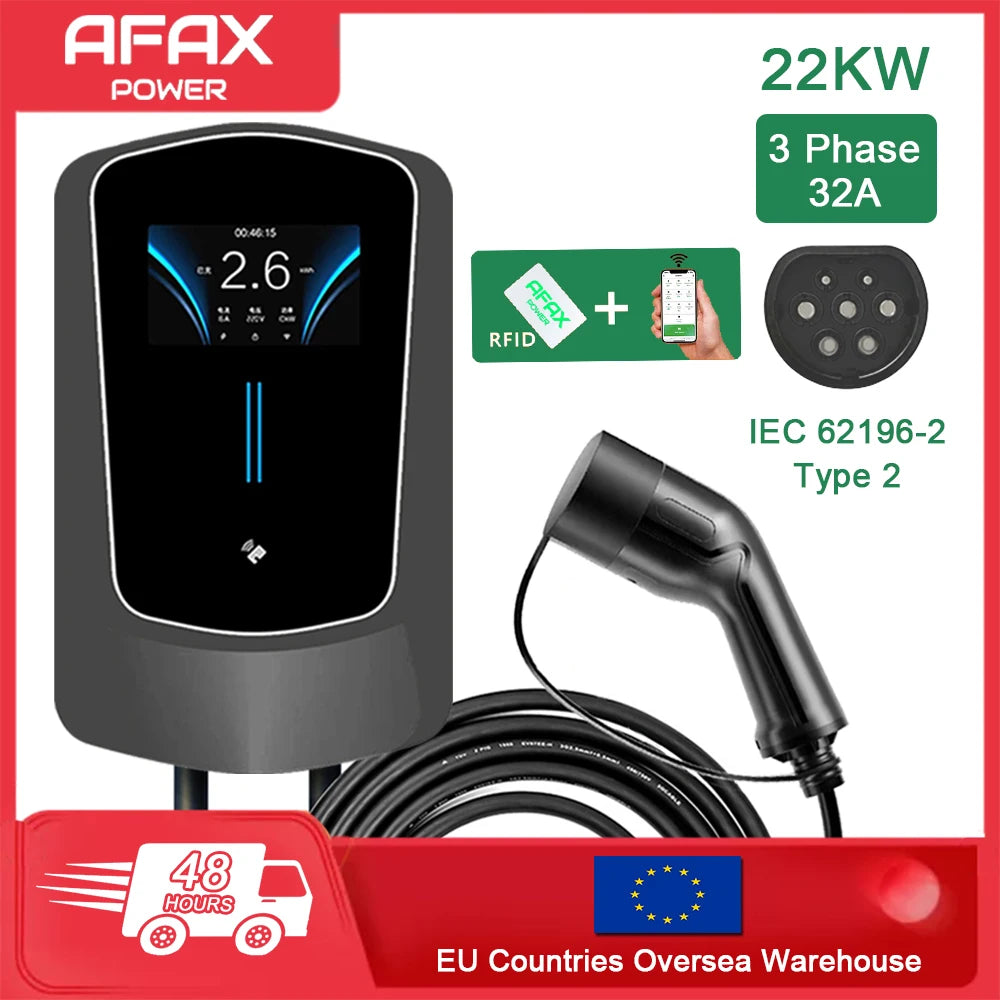 AFAX EV Charger Type2 Cable 32A EVSE Wallbox Electric Vehicle Car Charger Wallmount APP Control 7KW 11KW 22KW Charging Station